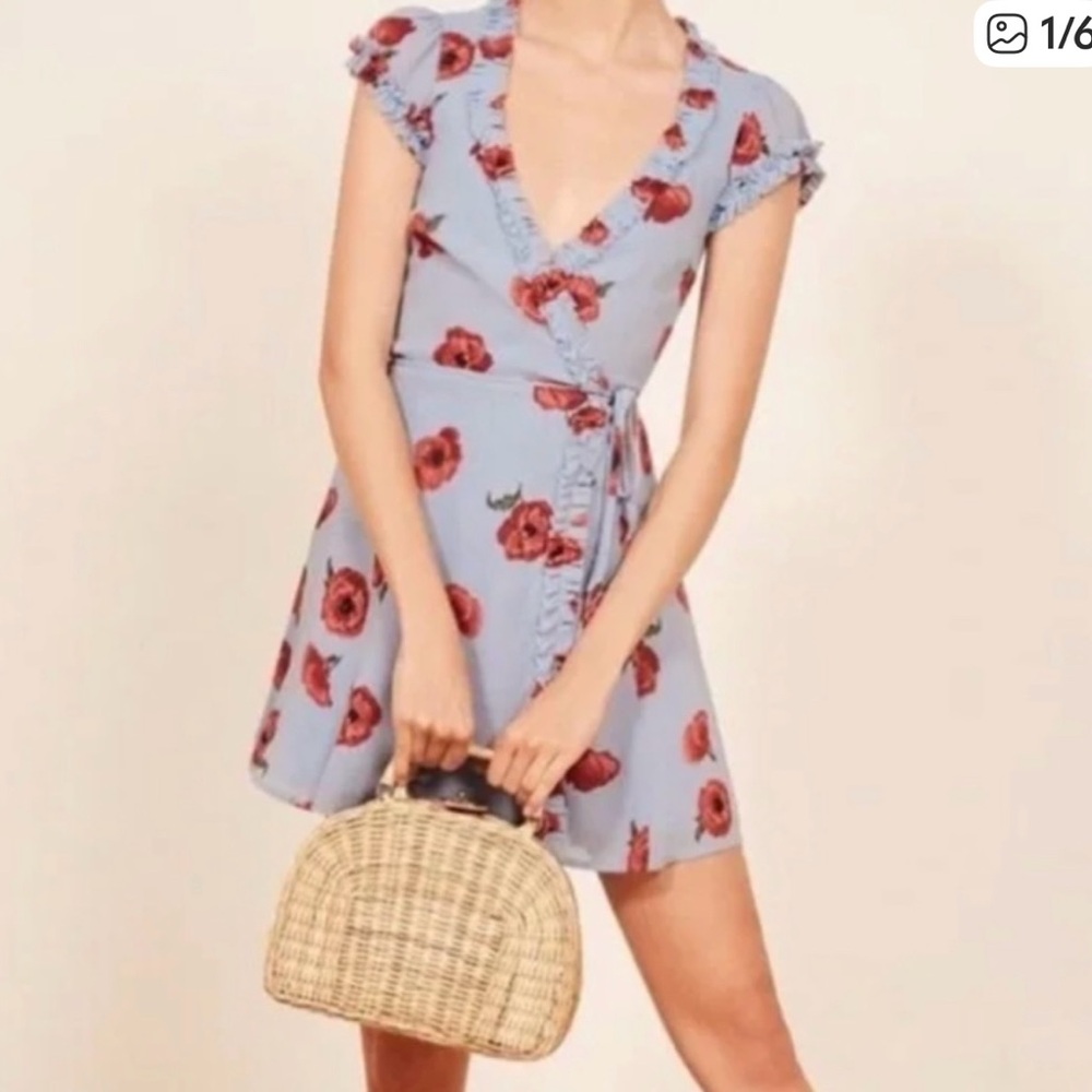 Reformation Floral Wrap Garnet Dress | SZ S | Blue with Poppy Flowers | Like New - Picture 3 of 14